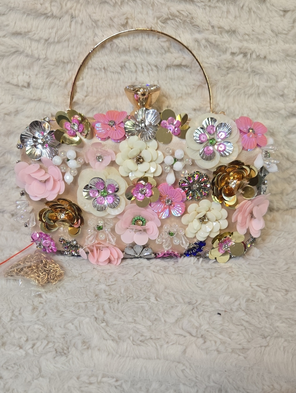 Floral Embellished Handbag - Pink & Gold